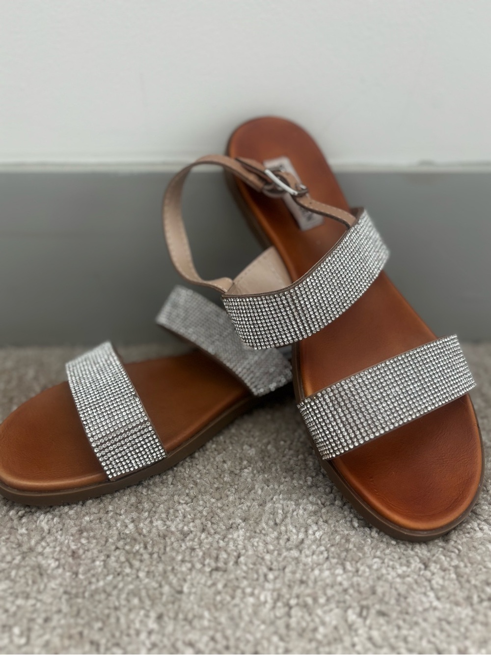 Steve Madden Rhinestone Two-Strap Tan Footbed Sandals